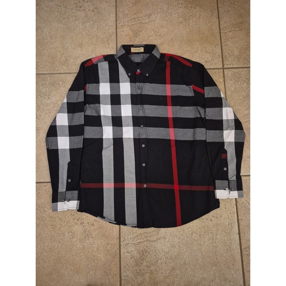 Burberry London England Men's Check Cotton Shirt Long Sleeves Black Red Gray - Picture 2 of 13